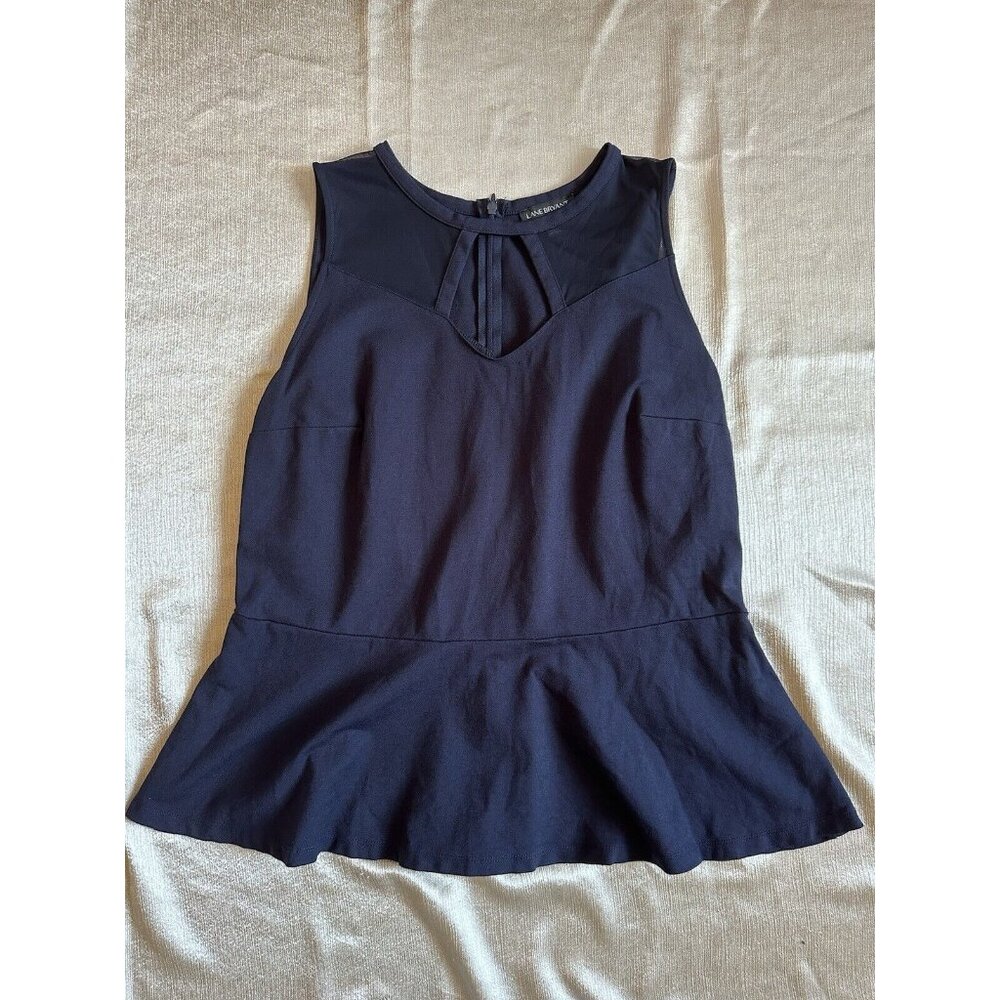 LANE BRYANT CUTOUT MESH YOKE PONTE PEPLUM TOP Dark Navy Blue 14/16